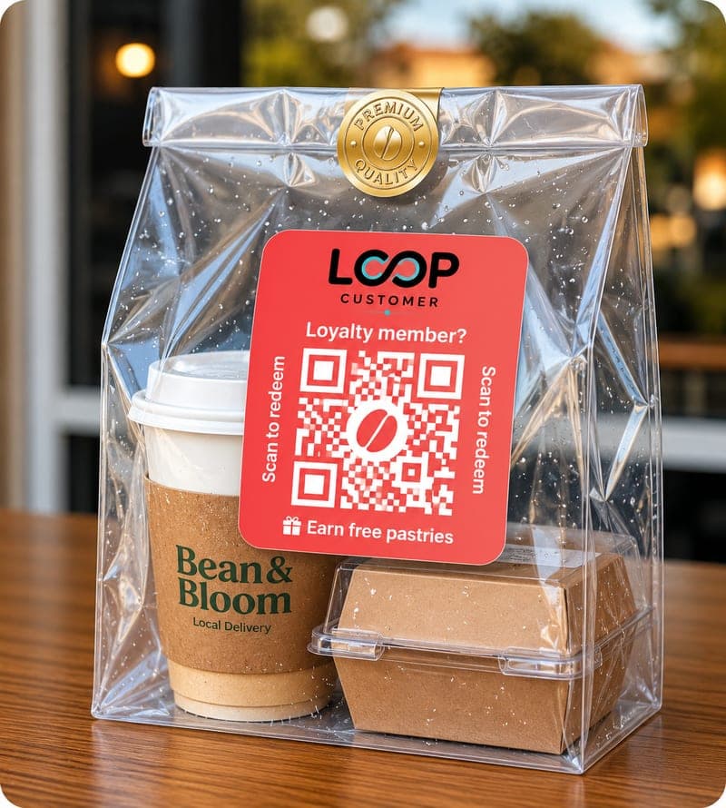 A clear takeout bag with a red Loop QR loyalty sticker reading scan to earn free rewards.