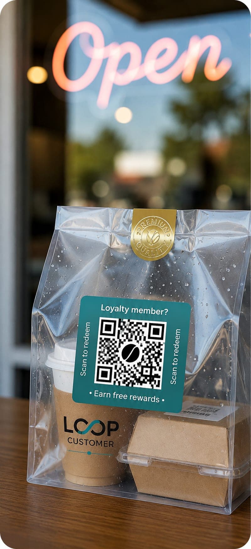 A kraft takeout bag with a round Loop QR sticker reading scan to earn free rewards.