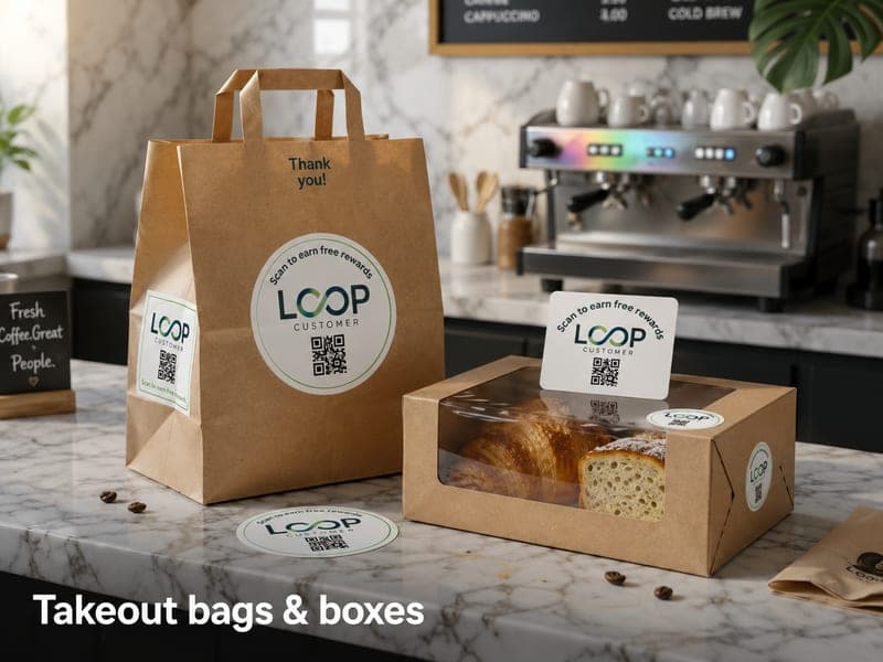 A kraft takeout bag and pastry box with round Loop QR stickers reading scan to earn free rewards.