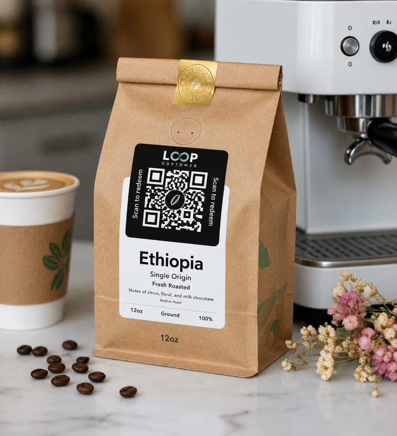 A bag of coffee beans with a Loop scan-to-earn QR loyalty sticker.