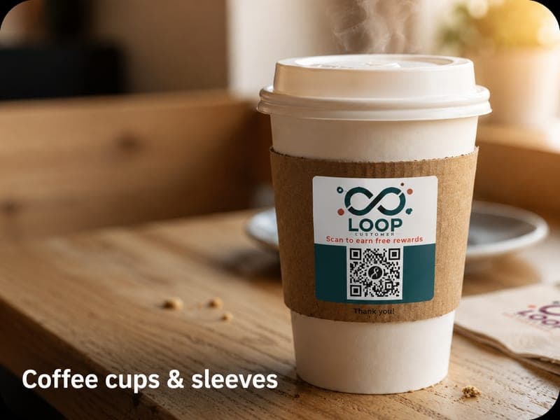 Coffee cups and kraft sleeves carrying the navy Loop wordmark and scan-to-earn QR stickers.