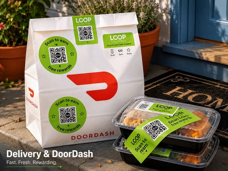 A delivery takeout bag and food containers on a doorstep with Loop scan-to-earn QR stickers.
