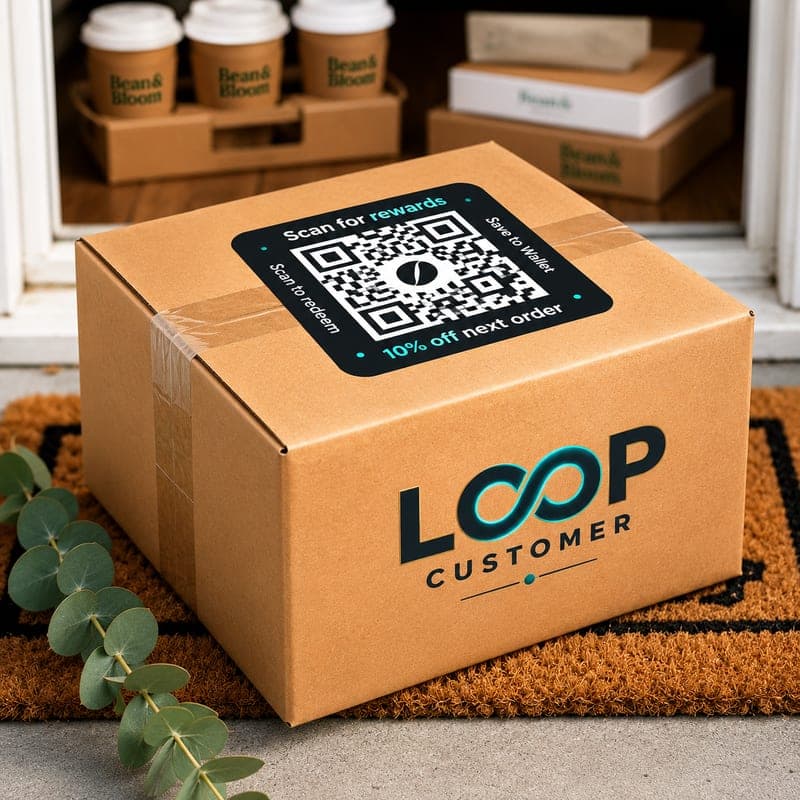 A Loop-branded kraft delivery box on a doorstep with the navy Loop Customer wordmark and a scan-for-rewards QR sticker.