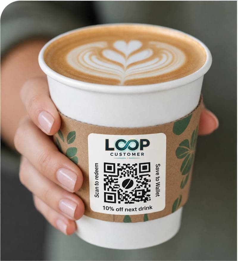 A hand holding a paper coffee cup with a Loop scan-to-earn QR sticker on the sleeve.