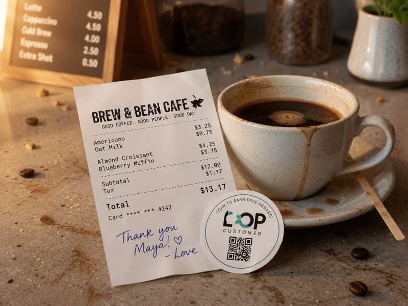 A cafe receipt beside a coffee cup with a round Loop QR sticker reading scan to earn free rewards.
