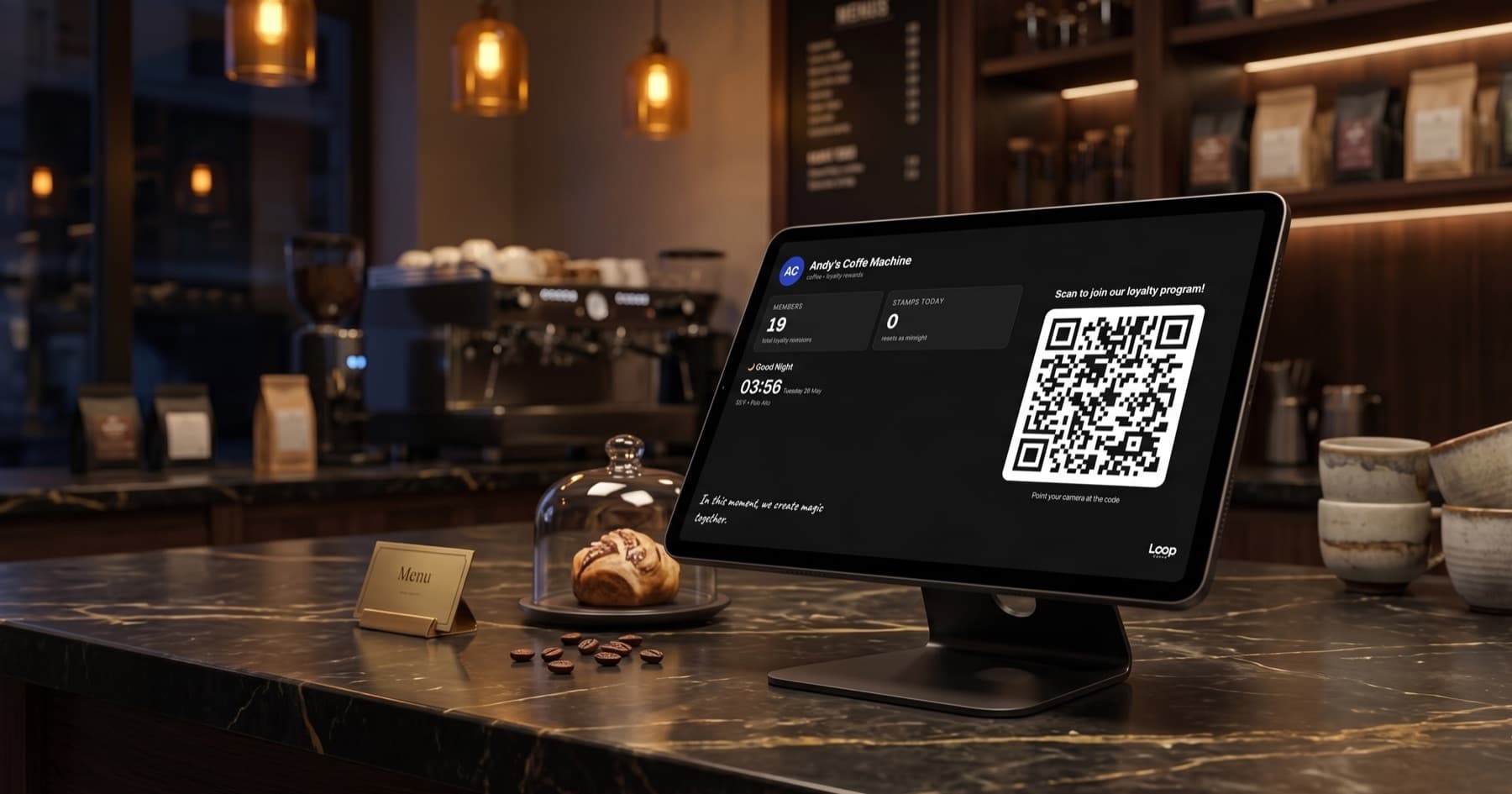 Loop Customer kiosk running on a tablet on a coffee shop counter — Andy's Coffee Machine loyalty card with QR code, live member count, and AI thought of the day