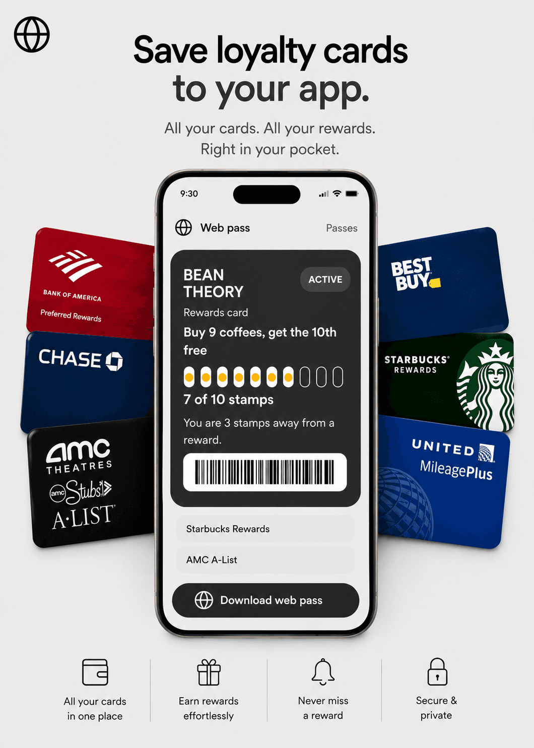 The Loop loyalty card opened as a web pass in a phone browser — a Bean Theory coffee stamp card with a Download web pass button, shown alongside a fanned stack of other loyalty cards.